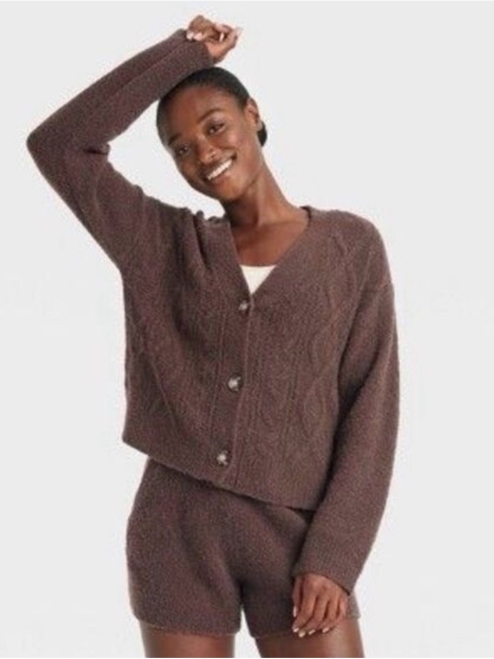 Auden Brown Cable-Knit Button Cardigan